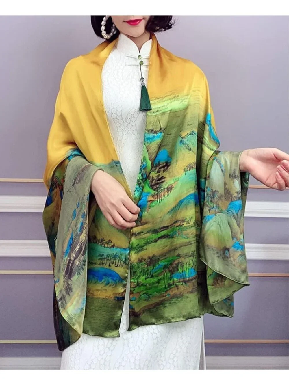 Women's Yellow Lightweight Silk Like Scarves Flower Print Head Cotton Wrap Scarf